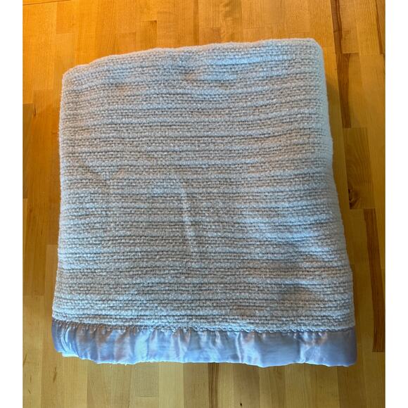 Vintage Waffle Weave Blanket Baby Blue Satin Trim Soft 87”x77” Acrylic - Picture 1 of 3